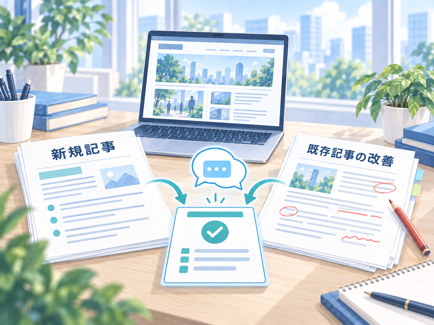 新規記事の制作と既存記事の改善を比較し、サイトの優先事項を考えるイラスト