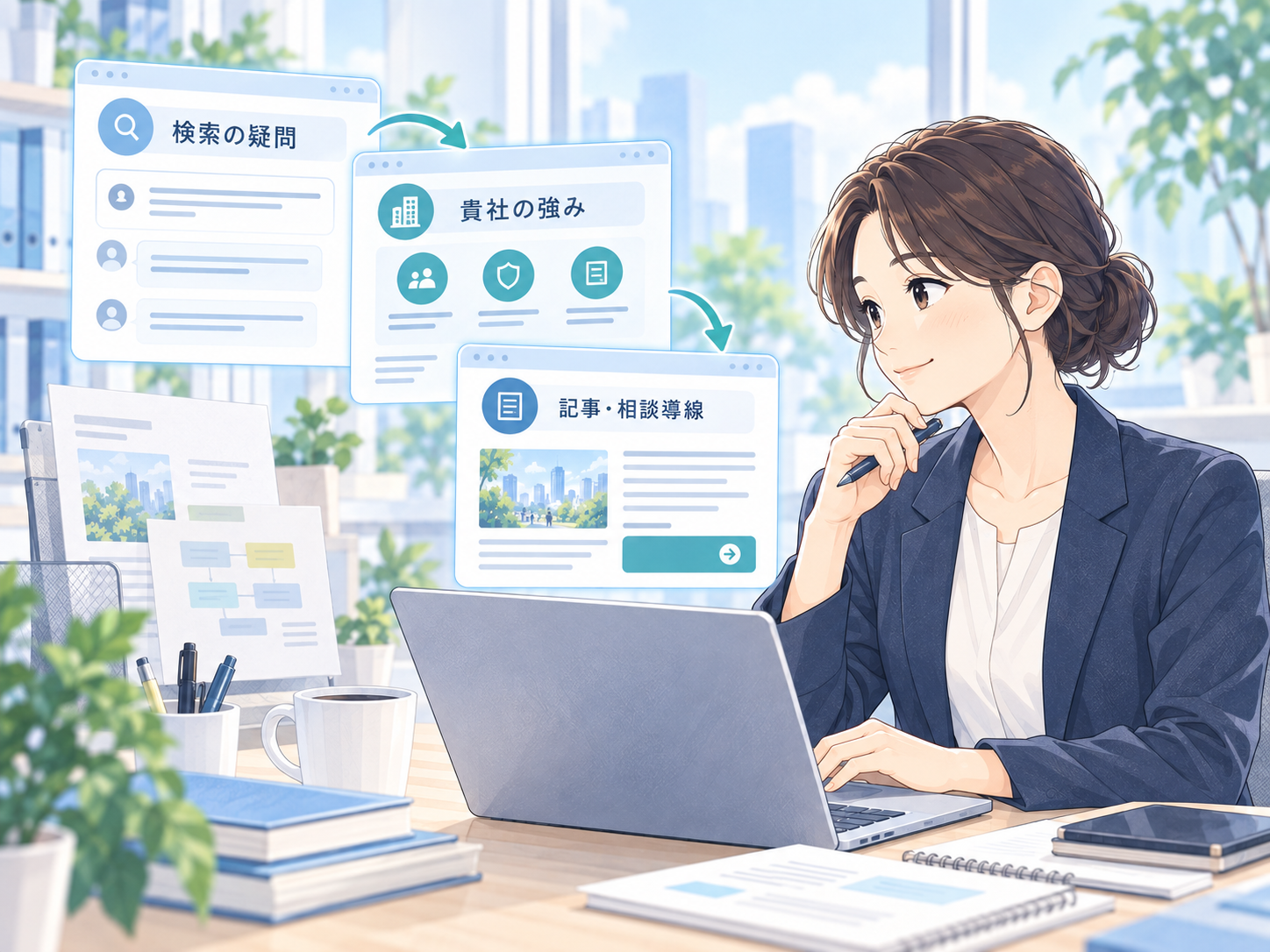 探偵社の担当者が検索の疑問と自社の強みを記事・相談導線につなぐイラスト