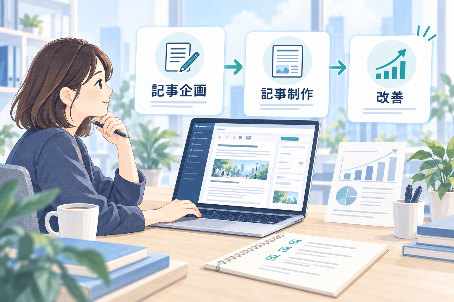 探偵社の担当者が自社サイトの記事企画・制作・改善を進めるイラスト