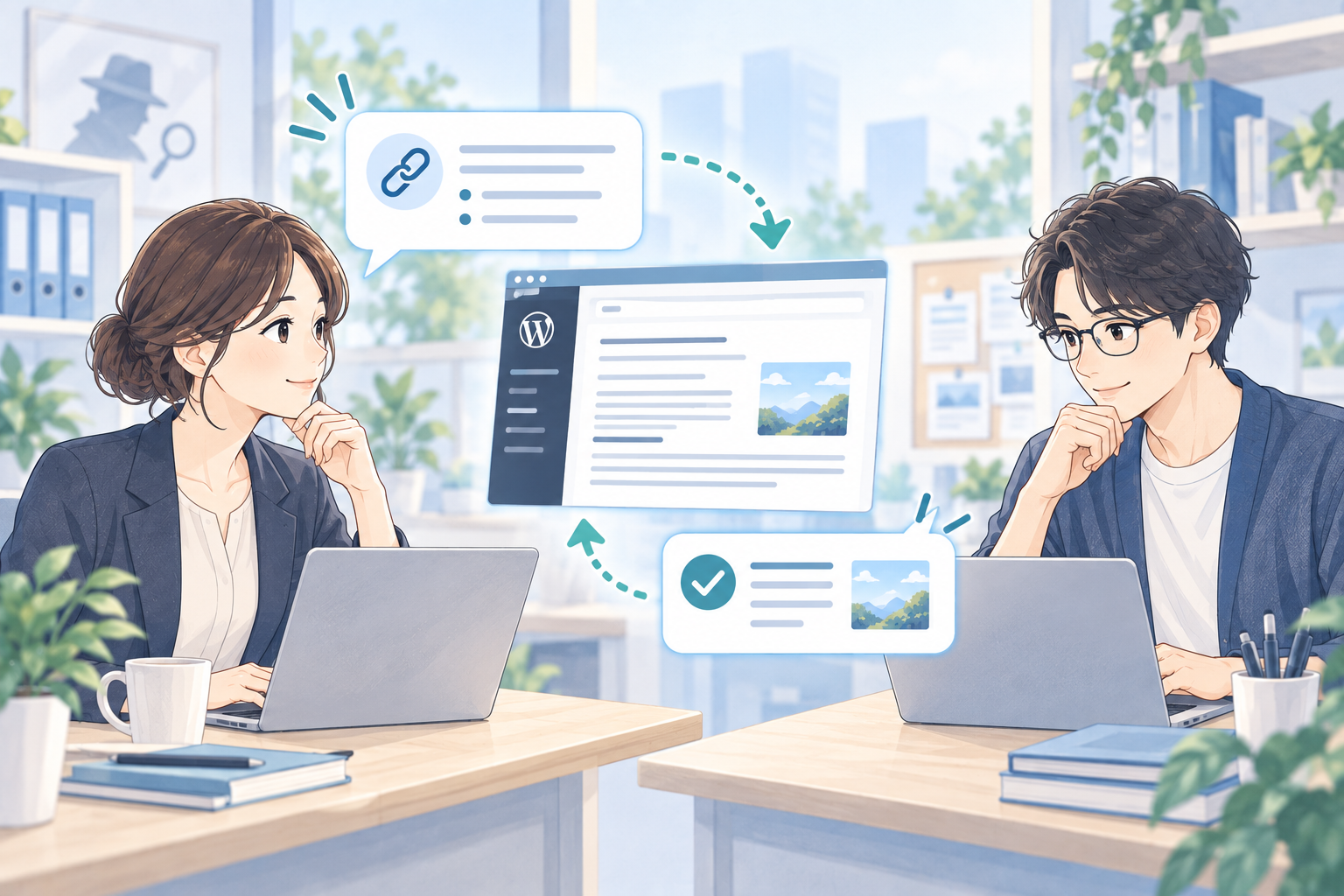 探偵社と制作担当者がチャットと下書きでやり取りするイラスト