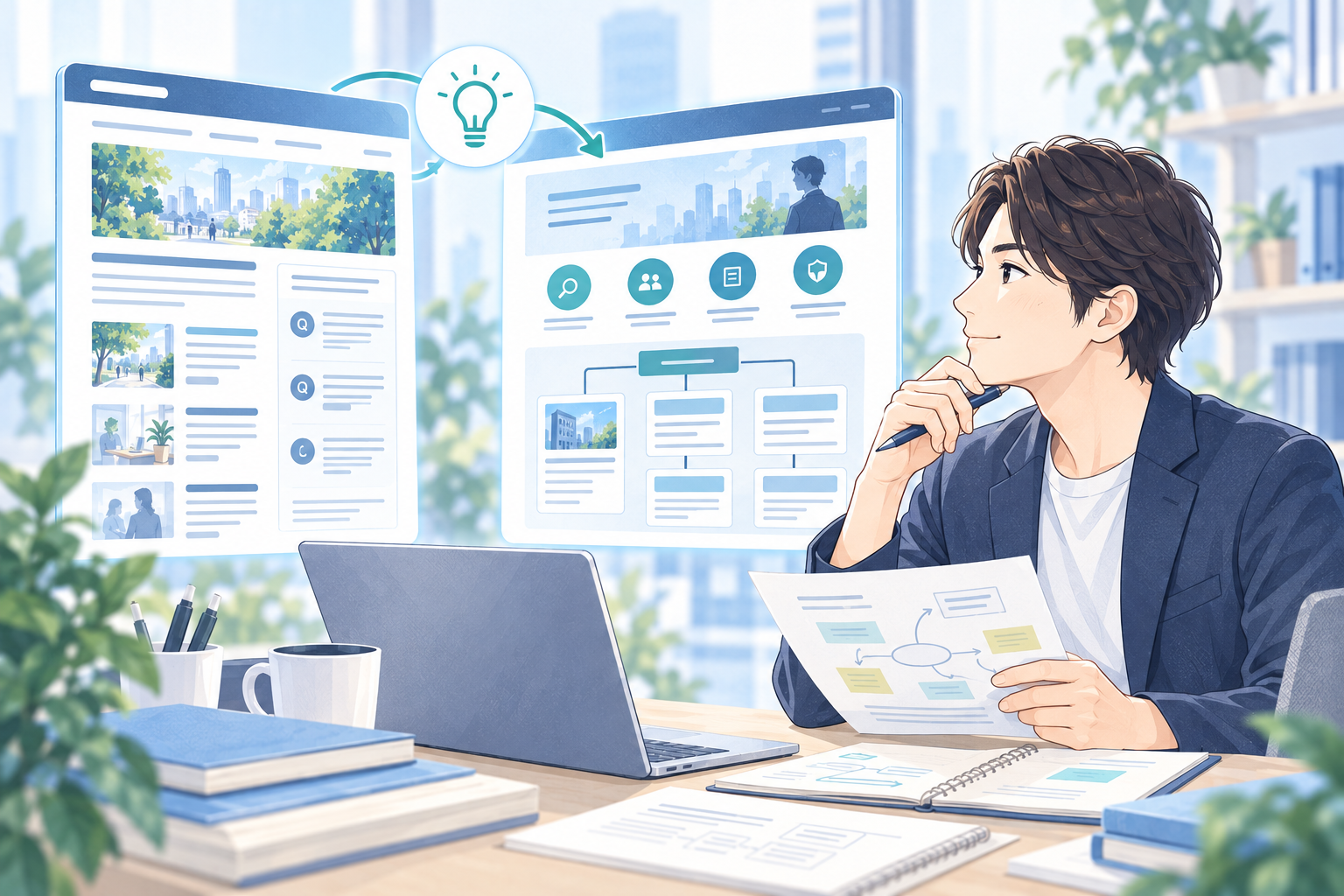 自社メディア運営の知見を探偵社の記事企画に生かすイラスト
